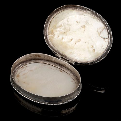 A little carved mother of pearl box with silver mounts, 17th Century
