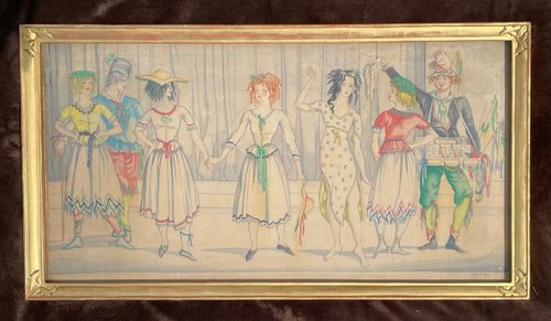 Albert Rutherston - Mimes - Watercolour on silk