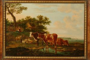 19th century oil painting. Landscape with cows