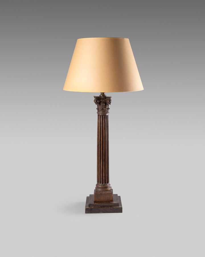 19th century carved oak Corinthian column table lamp