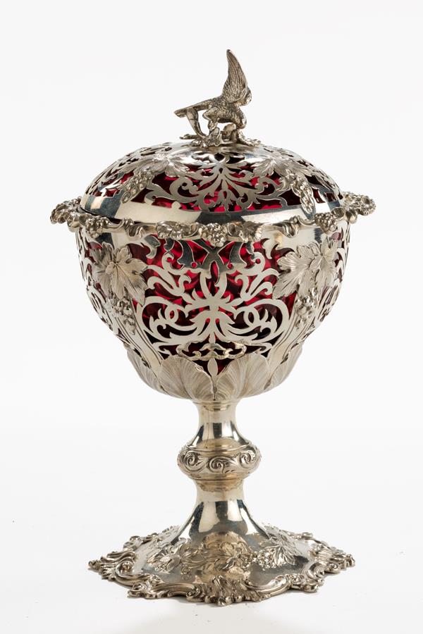 19th century silver and cranberry glass preserve pot and cover