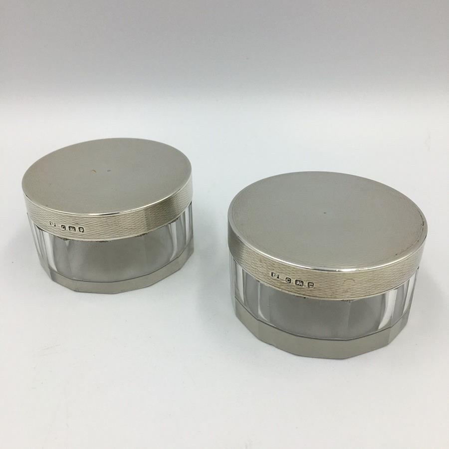 20th century Vintage Cut Glass Pots with silver lids