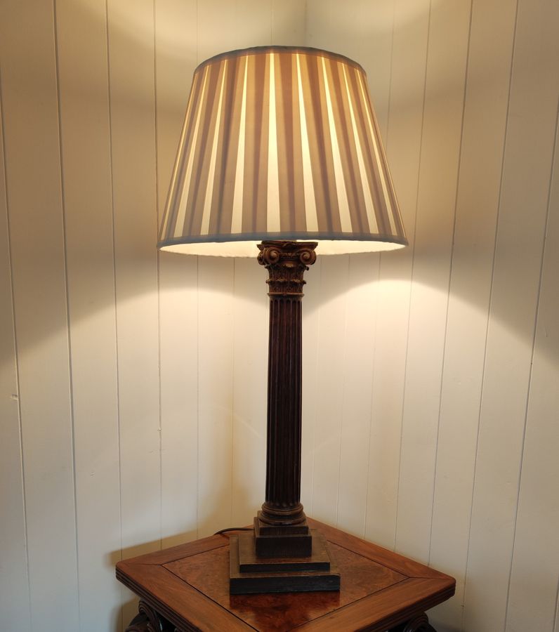 Carved oak Corinthian column table lamp