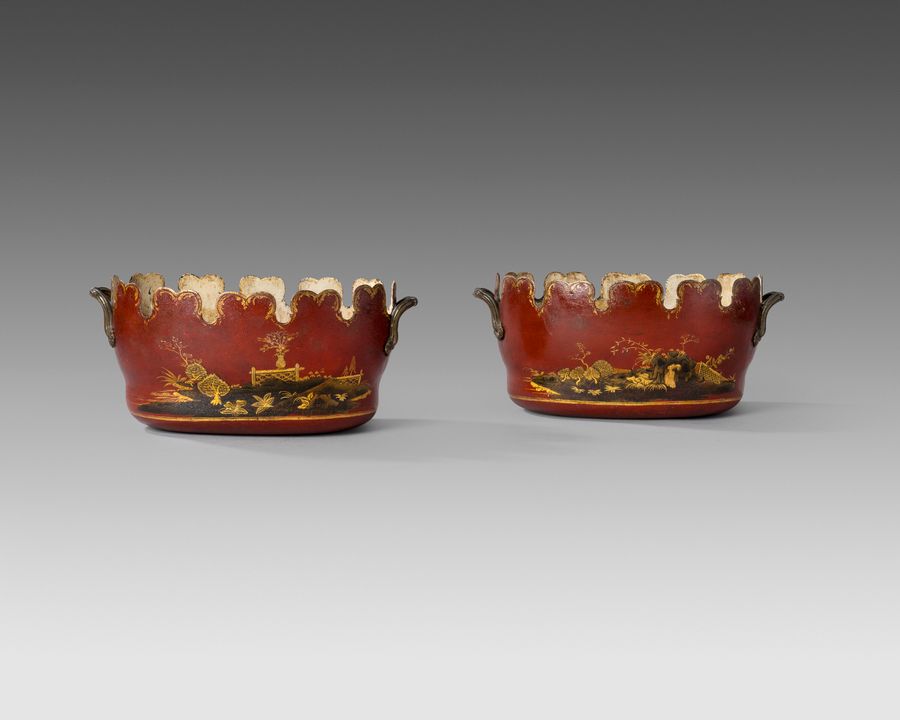 19th century glass chillers red ground toleware