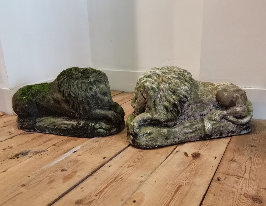 Pair 20th century composition stone lions