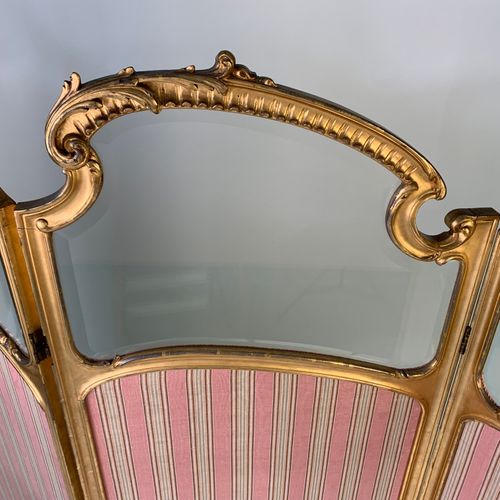 Giltwood framed glass and upholstered three-fold screen