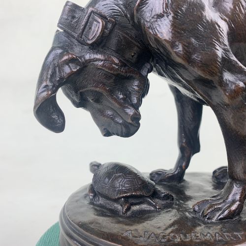 French bronze figure of a dog and a tortoise by Alfred Jaquemont