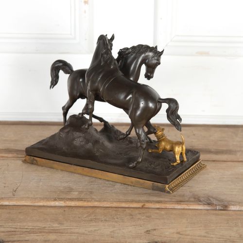 20th Century Bronze Group of Two Horses and a Dog after P.J. Mene