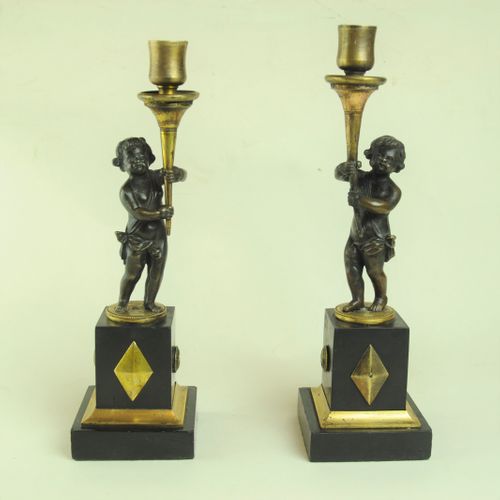 Pair of Bronze & Ormolu Putti Candlesticks