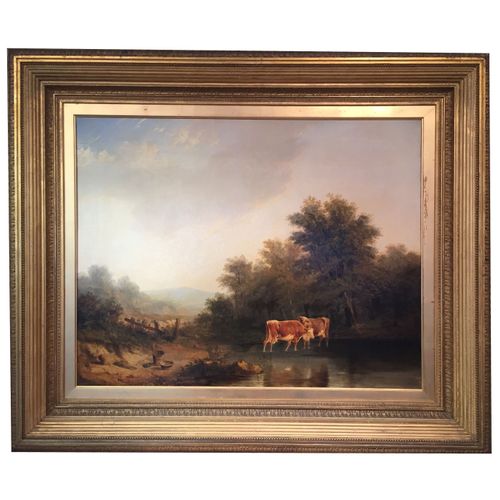 Large 19th Century oil painting of Cattle (Cows) Watering in a landscape