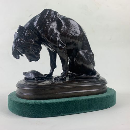 French bronze figure of a dog and a tortoise by Alfred Jaquemart