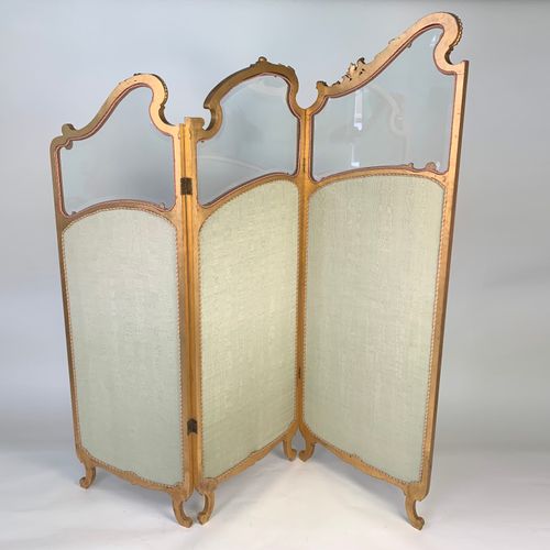 Giltwood framed glass and upholstered three-fold screen