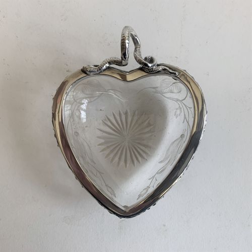 Silver and glass heart shaped bonbon dish