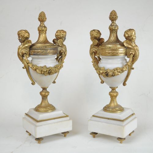 French white marble and gilt metal mantle clock garniture set