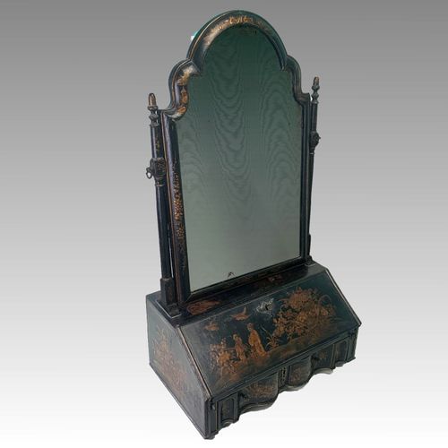 Queen Anne Black Lacquered toilet mirror with miniature bureau base