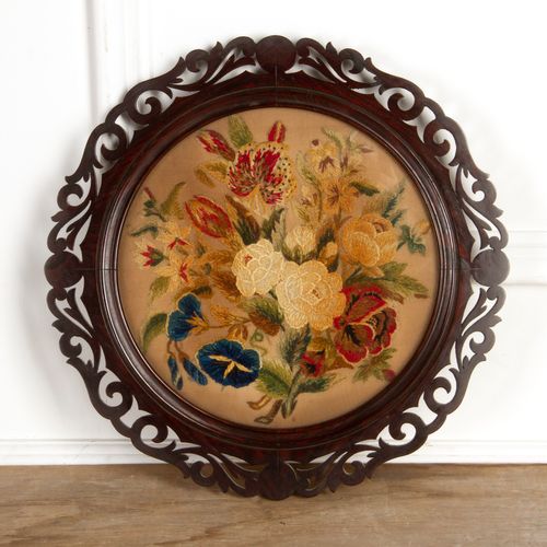 Pair Of Framed Circular Floral Needlework Pictures