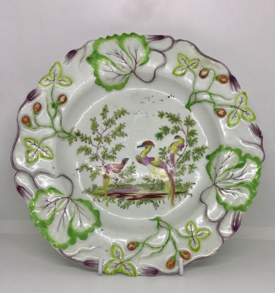 Pair Longton Hall Strawberry Leaf Moulded Plates