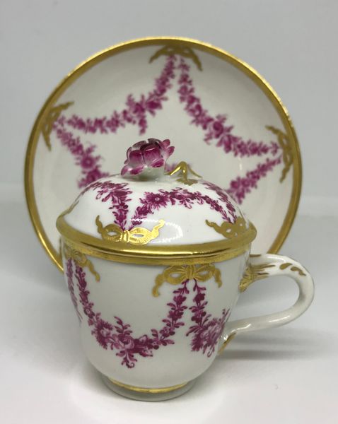 Russian Gardner Chocolate Cup, Cover and Saucer
